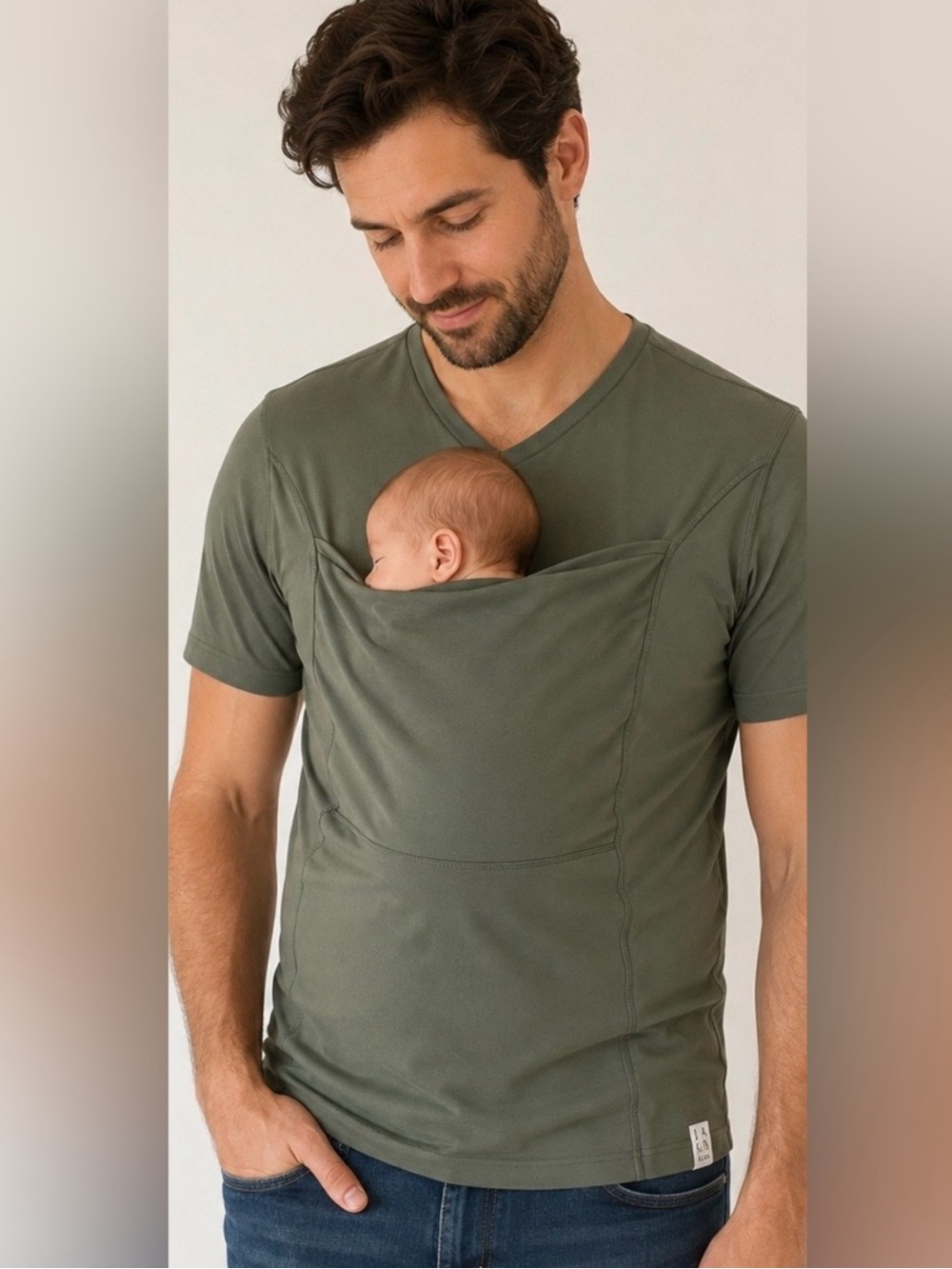 NWT LALABU Olive Dad Shirt Size M Comfy Newborn Short Sleeve Kangaroo Pocket